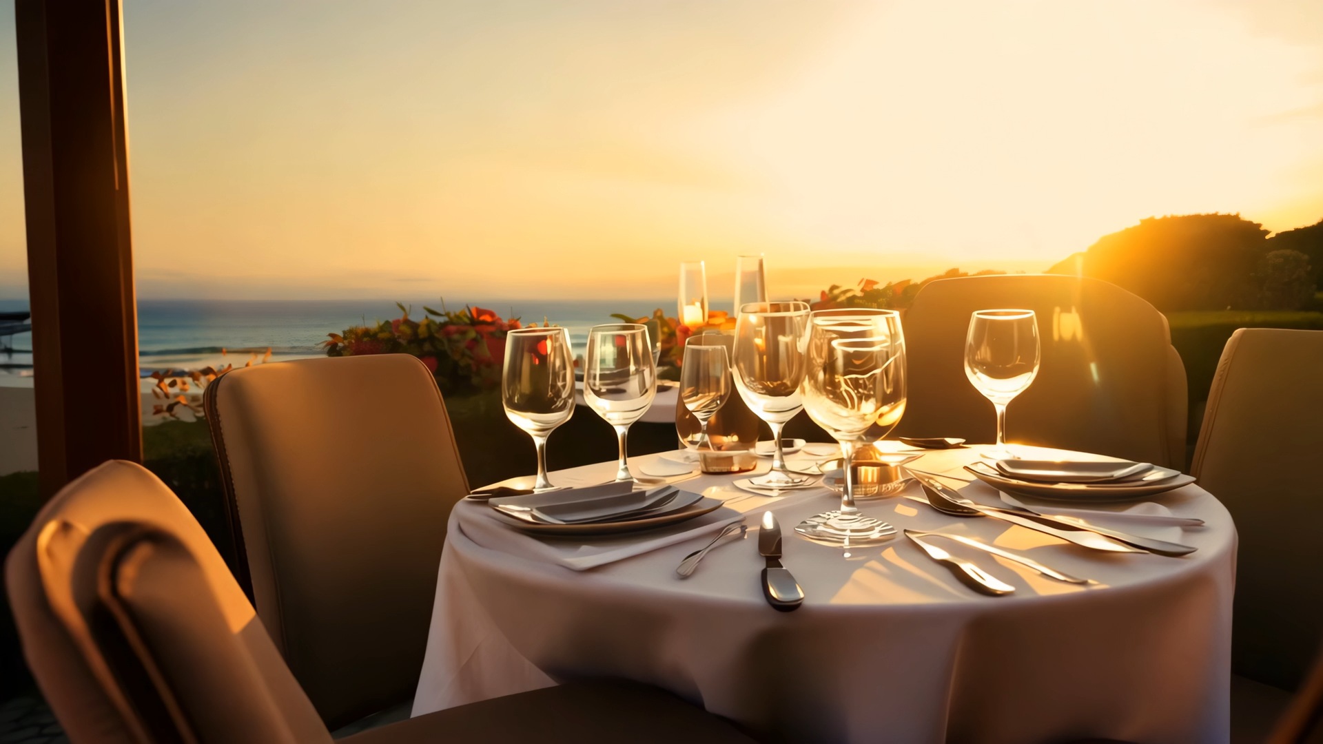 A scenic view of an oceanfront restaurant at sunset. People are dining at tables overlooking the ocean.