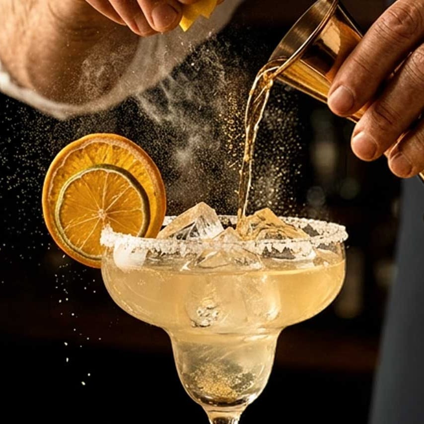 A bartender skillfully pours a margarita from a shaker into a glass, showcasing the drink's vibrant color.